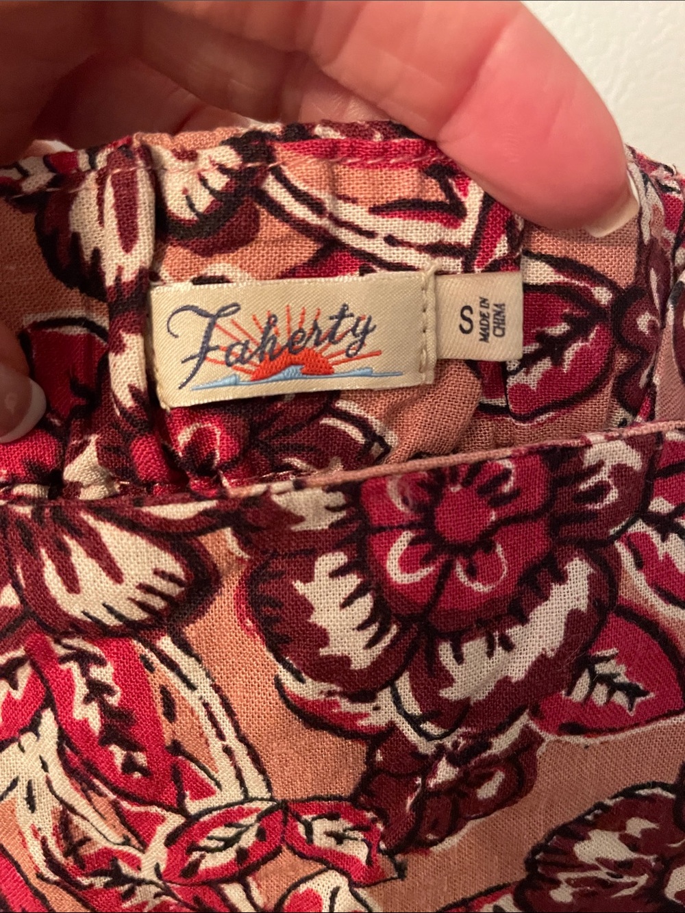 Faherty Small Women’s Floral Square Neck Blouse Linen Blend Pink Burgundy - Picture 2 of 6